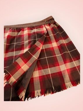 Jones anew York Plaid Fringe Wrap Skirt in Red, Brown & Cream sz 16
